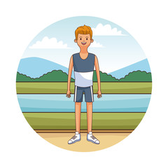 Young man in sport wear cartoon round icon vector illustration graphic design