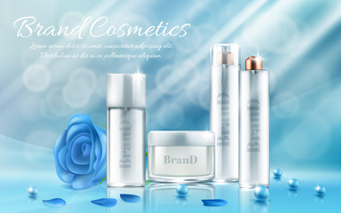 Wall Mural - Vector banner with set of bottles and jars for facial mask, hand cream, body lotion, hair spray on blue background with petals and shining pearls. Cosmetic products series for skin care and treatment