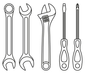 Line art black and white wrench screwdriver set