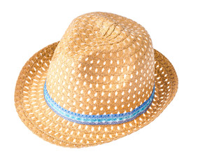 Summer hat with blue ribbon, isolated on white background