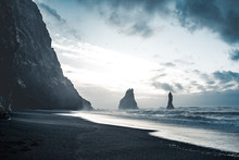 Sunrise At Famous Black Sand Beach Reynisfjara In Iceland. Windy Morning. Ocean Waves. Colorful Sky. Morning Sunset.