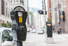Close-up Of A Generic American Parking Meter In The Streets Of Downtown Chicago With Large Copy Space, Usa.