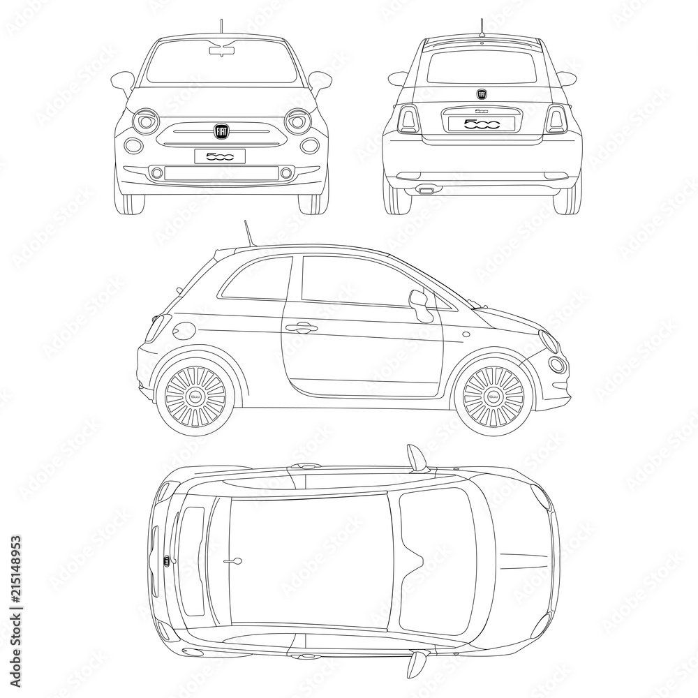 Fiat 500 car blueptint vector technical drawing - obrazy, fototapety, plakaty 
