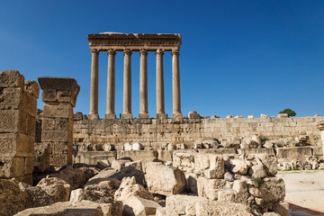 Wall Mural - The high columns of the Jupiter Tempel of Baalbek on deep blue sky, Lebanon