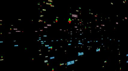 Poster - The camera flies on the screen and conducts data analysis. The choice of the solution. The work of artificial intelligence on the financial exchange. Growth and fall of the stock market. Activity of