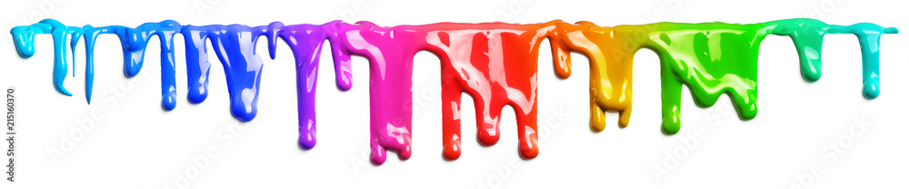 Colorful paint dripping isolated on white - obrazy, fototapety, plakaty 