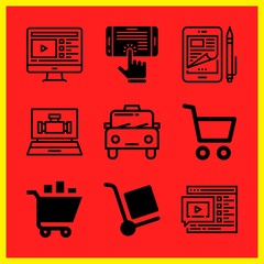 Simple 9 icon set of online related trolley, cab, smartphone and website vector icons. Collection Illustration