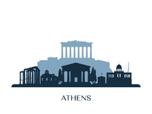 Athens Skyline, Monochrome Silhouette. Vector Illustration.