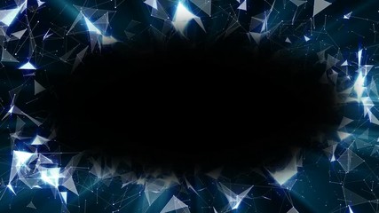 Poster - The eye of the cosmos. Network operation. A shining frame of lines, dots and triangles. Digital business background. Oval frame. Place for text. Seamless loop.4K.