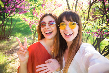 Wall Mural - Happy Gorgeous Young Women Taking Selfie Photos On Mobile Phone And Spending Leisure Time Together in the spring park. Friendship. Lifestyle sunny image of best friend girls taking selfie on camera.