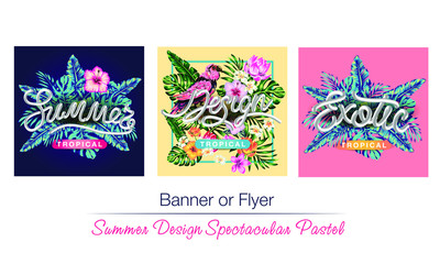 tropical flowers and palms summer banner graphic background exotic floral invitation flyer, Spectacular pastel