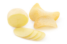 Crispy Chips And Raw Potato On White Background