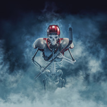 The Phantom Hockey Player / 3D Illustration Of Scary Skeleton With Ice Hockey Stick, Helmet And Shoulder Pads Emerging Through Smoke