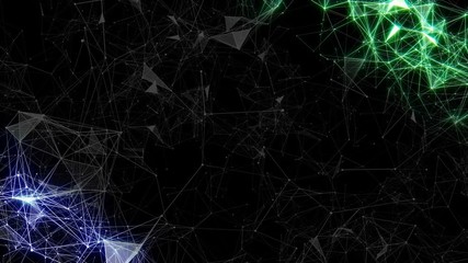 Poster - Differences and orbs. Interaction of structures. Network operation. A shining frame of lines, dots and triangles. Digital business background. Place for text. Seamless loop.4K.