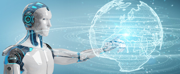 Wall Mural - White humanoid using globe network hologram with Europe map 3D rendering