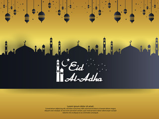 Wall Mural - Eid al Adha Mubarak islamic greeting card design with dome mosque and hanging lantern element in paper cut style. background Vector illustration.