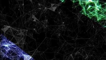 Poster - The colored corners of the structure with a bright transition. Interaction of structures. Network operation. A shining frame of lines, dots and triangles. Digital business background. Place for text