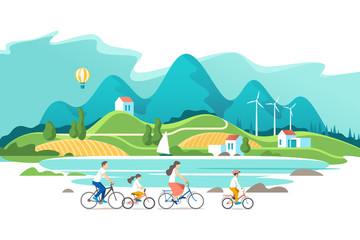 summer vacation. family are riding on bicycles on the natural landscape background. vector illustrat