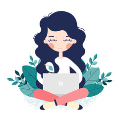 girl sitting on the floor and working with laptop. vector illustration