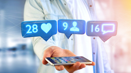 Poster - Businessman using a  smartphone with a Like, Follower and message notification on social network - 3d render