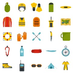 Wall Mural - Rafting kayak water canoe icons set. Flat illustration of 25 rafting kayak water canoe vector icons isolated on white