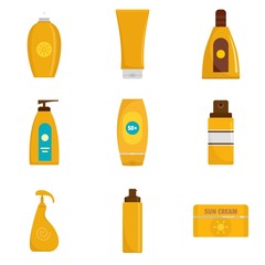 Poster - Sunscreen protection bottle icons set. Flat illustration of 9 sunscreen protection bottle vector icons isolated on white