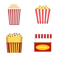 Poster - Popcorn cinema box striped icons set. Flat illustration of 4 popcorn cinema box striped vector icons isolated on white