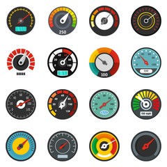 Poster - speedometer level indicator icons set. flat illustration of 16 speedometer level indicator vector ic