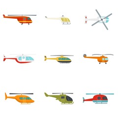 Poster - Helicopter military aircraft chopper icons set. Flat illustration of 9 helicopter military aircraft chopper vector icons isolated on white