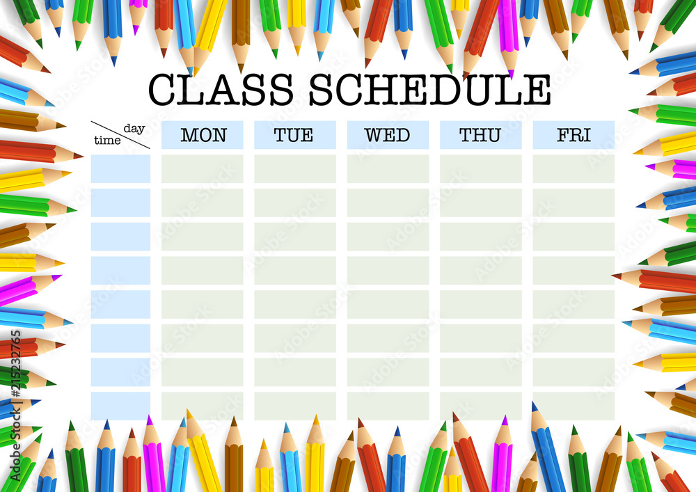 class schedule or timetable surrounded by colored pencils template ...