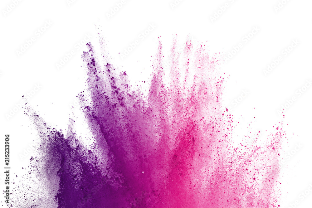 Abstract of colored powder explosion on white background. Freeze motion of purple powder exploding on white background. Colored cloud. Colored dust. - obrazy, fototapety, plakaty 