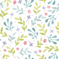 Wall Mural - Watercolor seamless pattern with branches, leaves and flowers. Vector hand drawn spring background in pastel colors.