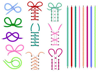 Shoelaces vector shoestring or shoe-laces and fashion accessory for footwear or footgear illustration set of shoes strings knot or rope isolated on white background