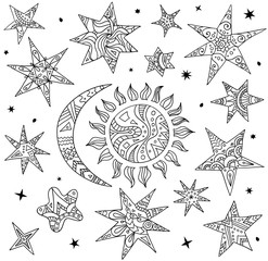 Wall Mural - vector doodle elements of the night sky. stars, sun and moon.