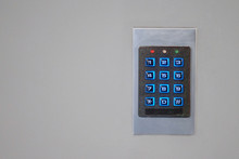 Secure Password On Keyboard For Opening Home House Door. Password Code Security Keypad System Protected In Public Building. The Security Code Combination To Unlock The Door