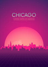 Travel Poster Vectors Illustrations, Futuristic Retro Skyline Chicago