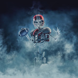 Fototapeta Sport - The phantom football quarterback / 3D illustration of scary skeleton with American football, helmet and shoulder pads emerging through smoke
