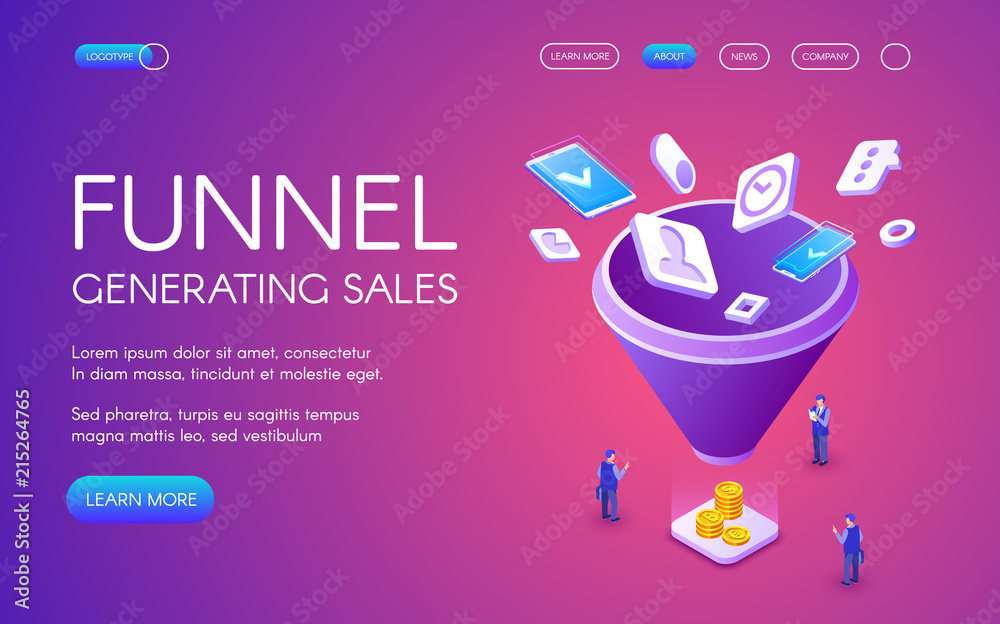 Funnel generation sales vector illustration for digital marketing and e-business technology. Businessman on trade with smartphones and money profit on purple ultraviolet background - obrazy, fototapety, plakaty 