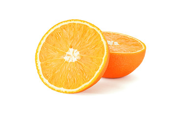 Wall Mural - Side view of sliced orange. Food ingredient isolated on white background. Tasty juicy fruit.