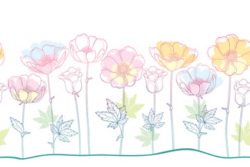 Wall Mural - vector seamless pattern of outline anemone flower or windflower, bud and leaf in pastel pink, orange