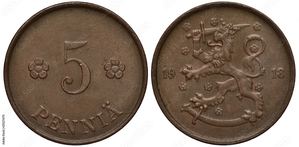 Finland Finnish Suomi coin 5 five penny 1918, digit of face value flanked by floral rosettes, lion with sword divides date, sheath below, 