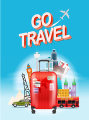 Wall Mural - Vacation travelling concept. Go travel. Vector travel illustration with red bag. Vertical composition