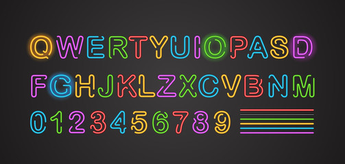 Poster - City neon alphabet vector collection. English letters and digits neon style