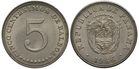 Panama silver coin 5 centavo 1966, large digit of face value in center stars below, arms, shield, flags, eagle, spade, bay, hill, horn of plenty