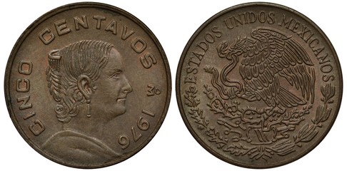 Mexico Mexican coin 5 five centavo 1976, female bust in center, eagle on cactus catching snake, 