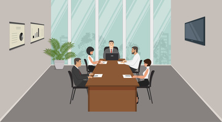 Wall Mural - Office workers during the meeting. Young women and men are sitting at the desk in the office. Conference hall. On the desk is laptop, paper for notes and pencils. There is also a flower here. Vector