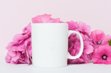 Blank White Coffee Mug Mock Up With Pink Flowers