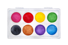 Illustration Of Cute Bright Watercolour Paint Set, Eight Vibrant Classic Colours In Clean New Square Box. Symbol Of Creativity. Hand Drawn Water Color Painting On White Background, Isolated Element.