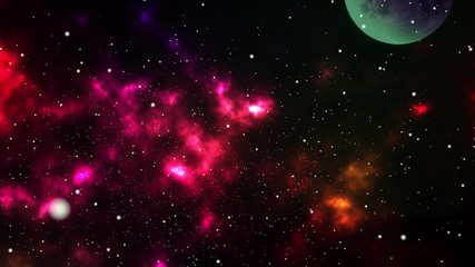 Wall Mural - Space travel towards a greenish moon or planet in a vast star field and colorful nebulus