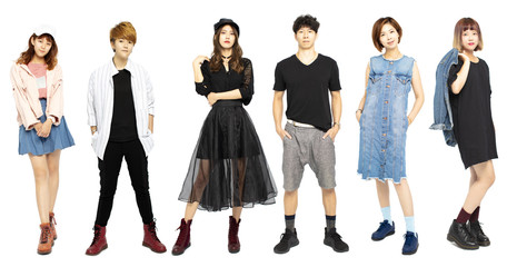  young asian people in fashionable clothes isolated